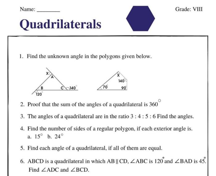 Worksheet on properties of quadrilaterals